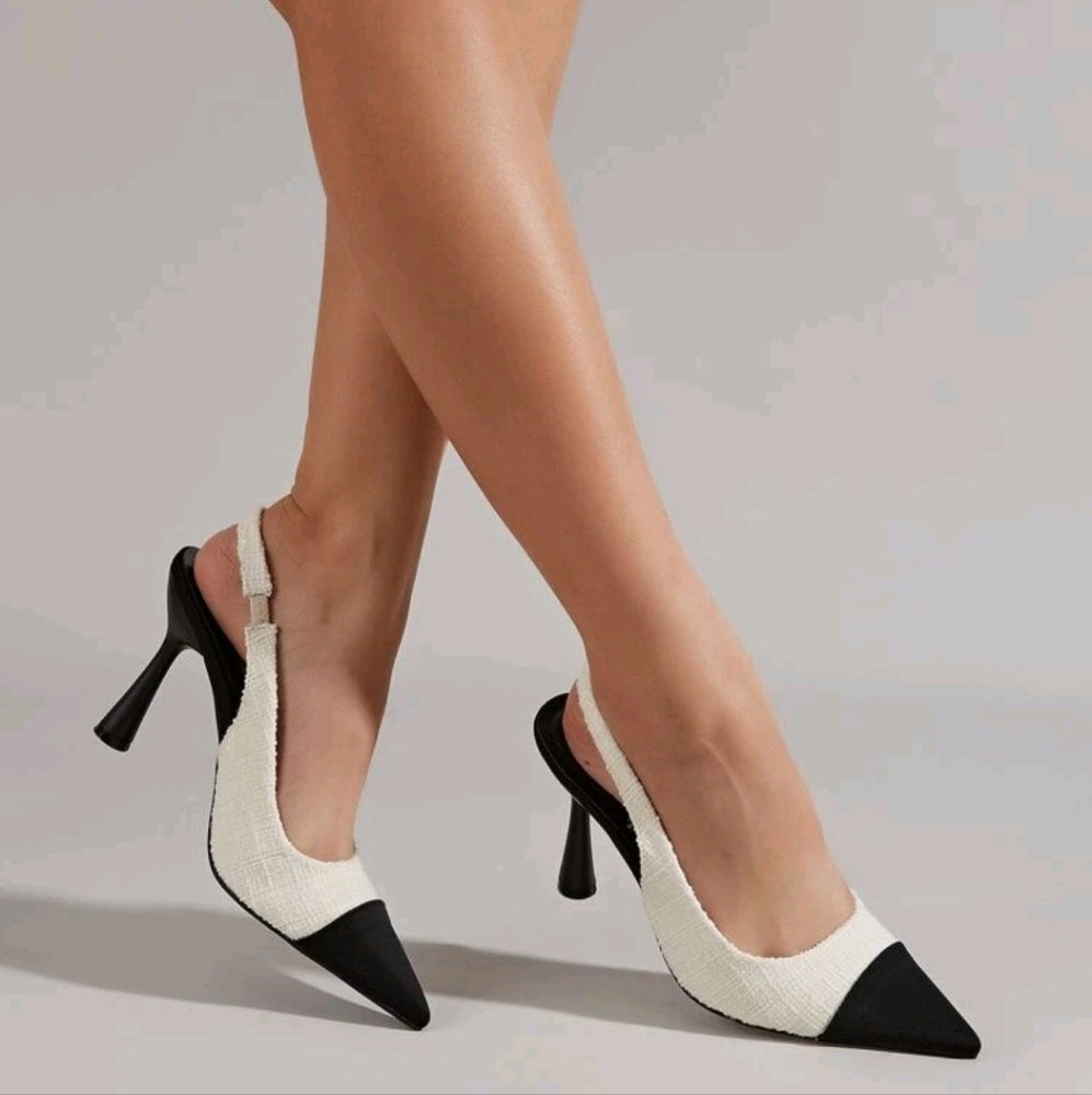 Elegant Slingback Pumps For Women, Tweed Two Tone Pyramid Heeled Pumps
